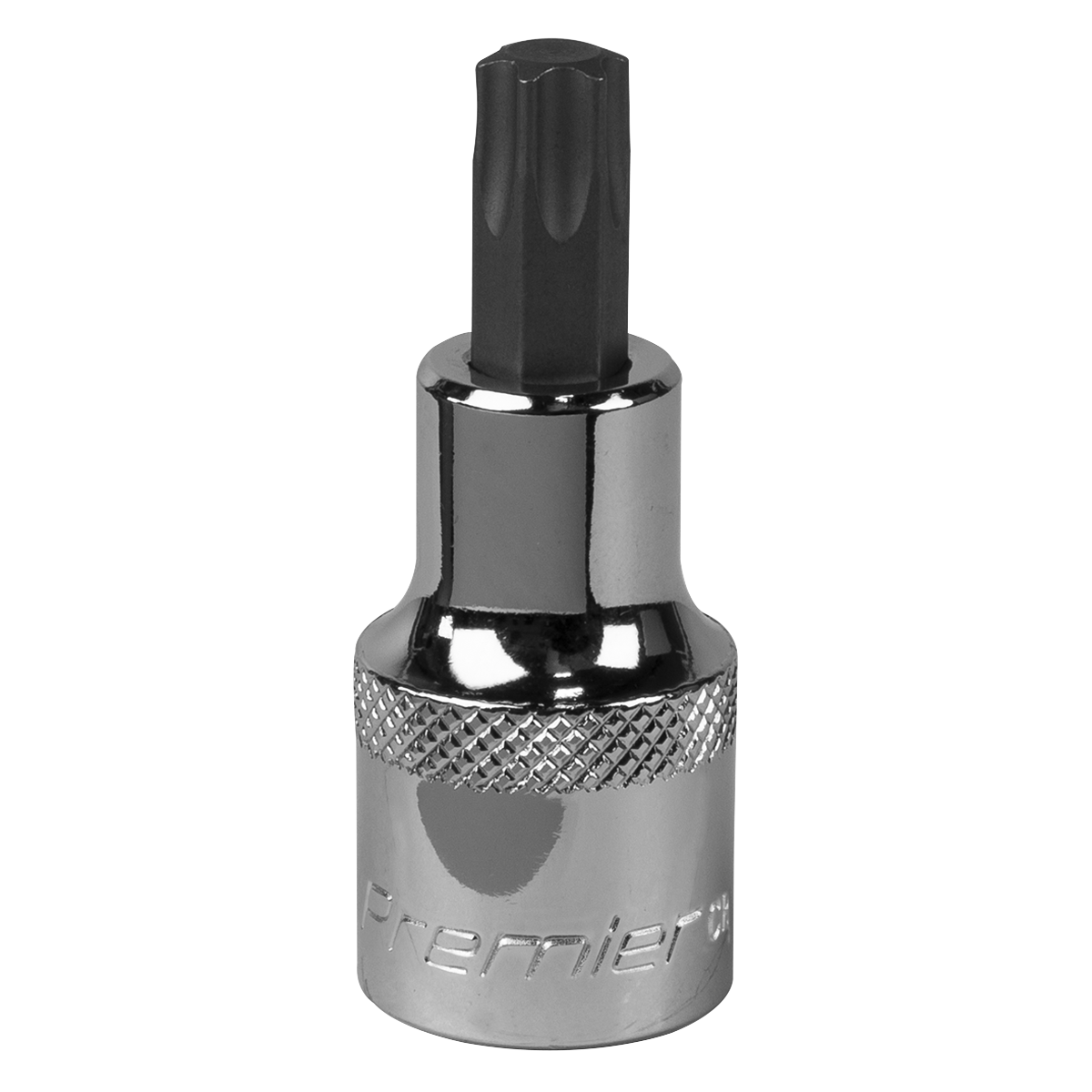 The TRX-Star* Socket Bit T50 1/2"Sq Drive - SBT024, a chrome bit socket with a knurled grip and a hex-shaped bit, crafted from durable Chrome Vanadium steel. Engraved with the brand "Sealey," it comes with a lifetime guarantee.