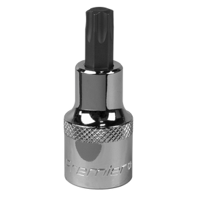 The TRX-Star* Socket Bit T50 1/2"Sq Drive - SBT024, a chrome bit socket with a knurled grip and a hex-shaped bit, crafted from durable Chrome Vanadium steel. Engraved with the brand "Sealey," it comes with a lifetime guarantee.