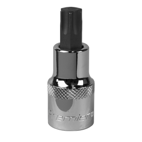 A TRX-Star* Socket Bit T55 1/2"Sq Drive, featuring a chrome vanadium steel finish and a textured grip, inscribed with the word "Premier." This tool is part of Sealey's Premier Hand Tools line and comes with a lifetime guarantee.