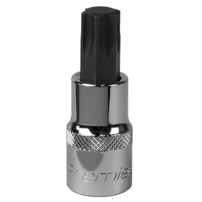 Close-up view of a Sealey TRX-Star* Socket Bit T60 1/2"Sq Drive - SBT026 with a chrome finish and black hex bit, featuring knurled grip detailing and "Premier Hand Tools" engraved on the side. Made from durable Chrome Vanadium steel, this tool is designed for professional use.