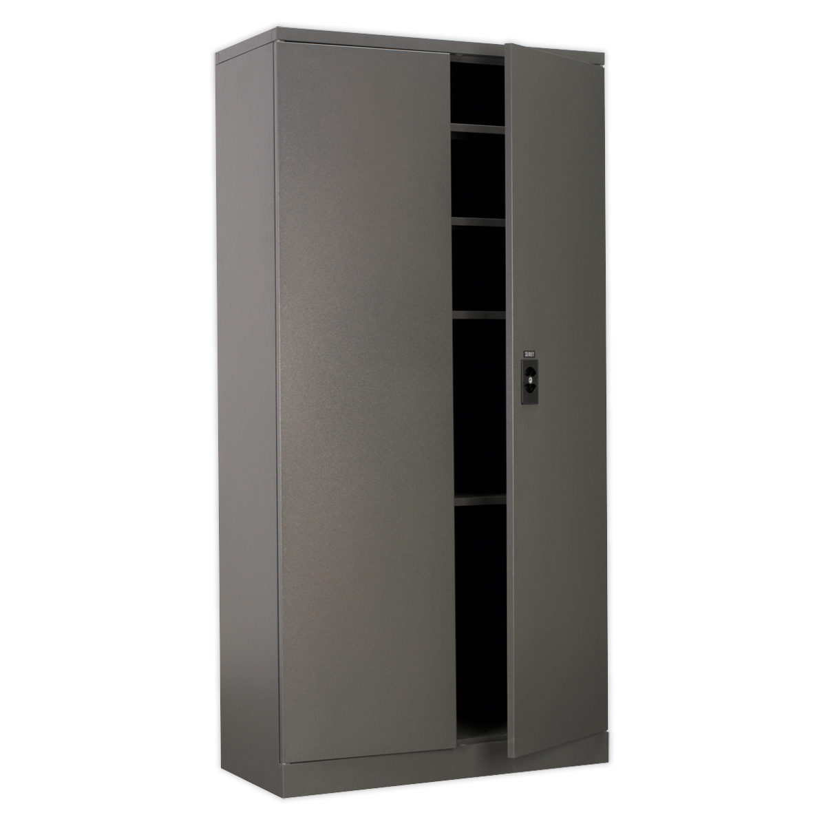 A tall, gray Sealey Floor Cabinet 4 Shelf 2 Door - SC01 with partially open doors reveals several secure shelves inside.