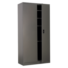 A tall, gray Sealey Floor Cabinet 4 Shelf 2 Door - SC01 with partially open doors reveals several secure shelves inside.