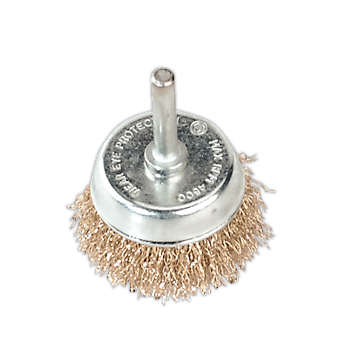 Introducing the Sealey Wire Cup Brush Ø50mm with Ø6mm Shaft - SCB50, featuring crimped brassed steel filaments and engraved text on its circular top. Its crimped design boosts cleaning efficiency, making it a perfect accessory for power drills and tough jobs.