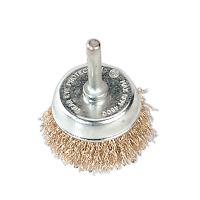 Introducing the Sealey Wire Cup Brush Ø50mm with Ø6mm Shaft - SCB50, featuring crimped brassed steel filaments and engraved text on its circular top. Its crimped design boosts cleaning efficiency, making it a perfect accessory for power drills and tough jobs.