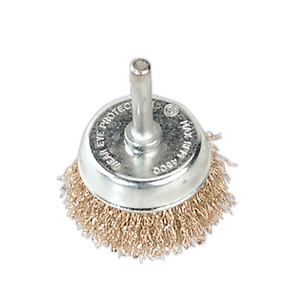 Introducing the Sealey Wire Cup Brush Ø50mm with Ø6mm Shaft - SCB50, featuring crimped brassed steel filaments and engraved text on its circular top. Its crimped design boosts cleaning efficiency, making it a perfect accessory for power drills and tough jobs.