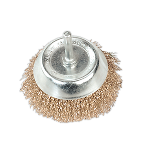 The Sealey Wire Cup Brush Ø75mm with 6mm Shaft (SCB75) is designed for use with power drills and features densely packed crimped brassed steel filaments around its perimeter for enhanced cleaning power.