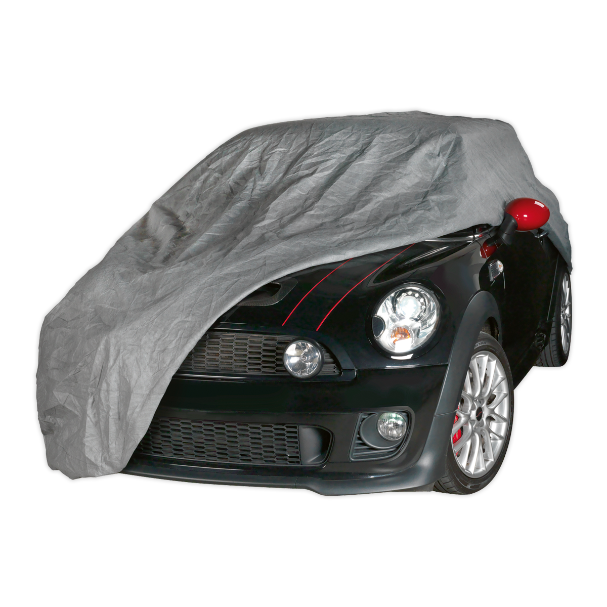 A black car partially covered with the Sealey All Seasons Car Cover 3-Layer - Small - SCCS, exposing its front, headlights, and red side mirrors. This professional car cover features waterproof 3-layer material and provides excellent UV/heat protection.