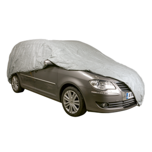 A grey car is partially covered by the waterproof, silver "All Seasons Car Cover 3-Layer - XX-Large (SCCXXL)" from Sealey, which shields the top and part of the front and rear of the vehicle.