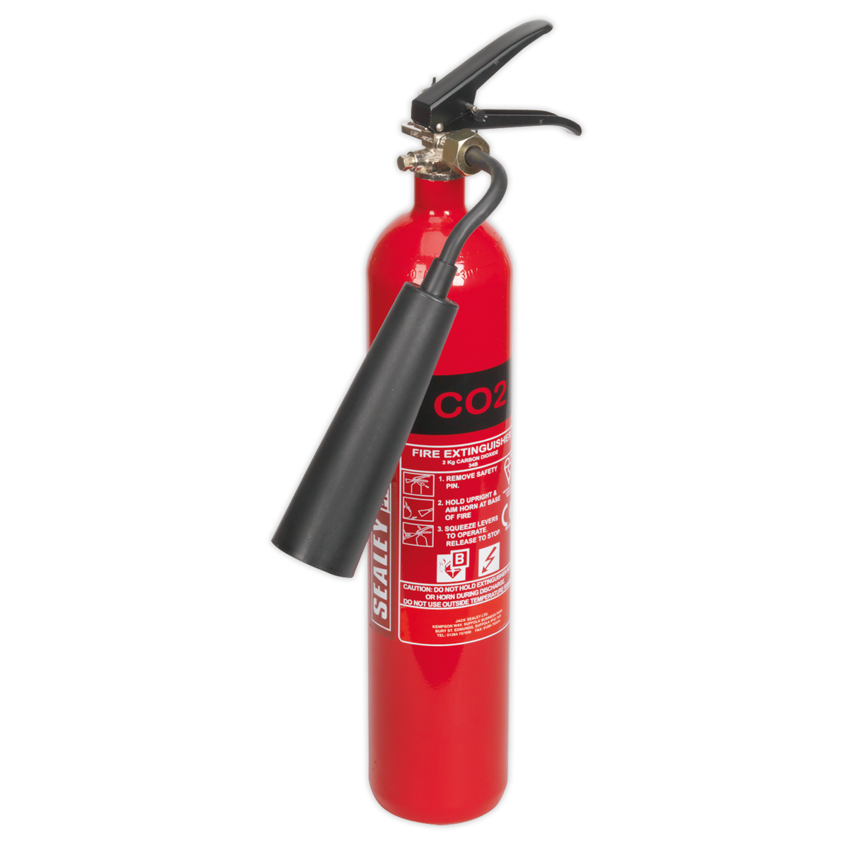 The Sealey Fire Extinguisher 2kg Carbon Dioxide - SCDE02, equipped with a black nozzle and handle, includes a label detailing usage instructions, making it ideal for B Class fires or live electrical components.