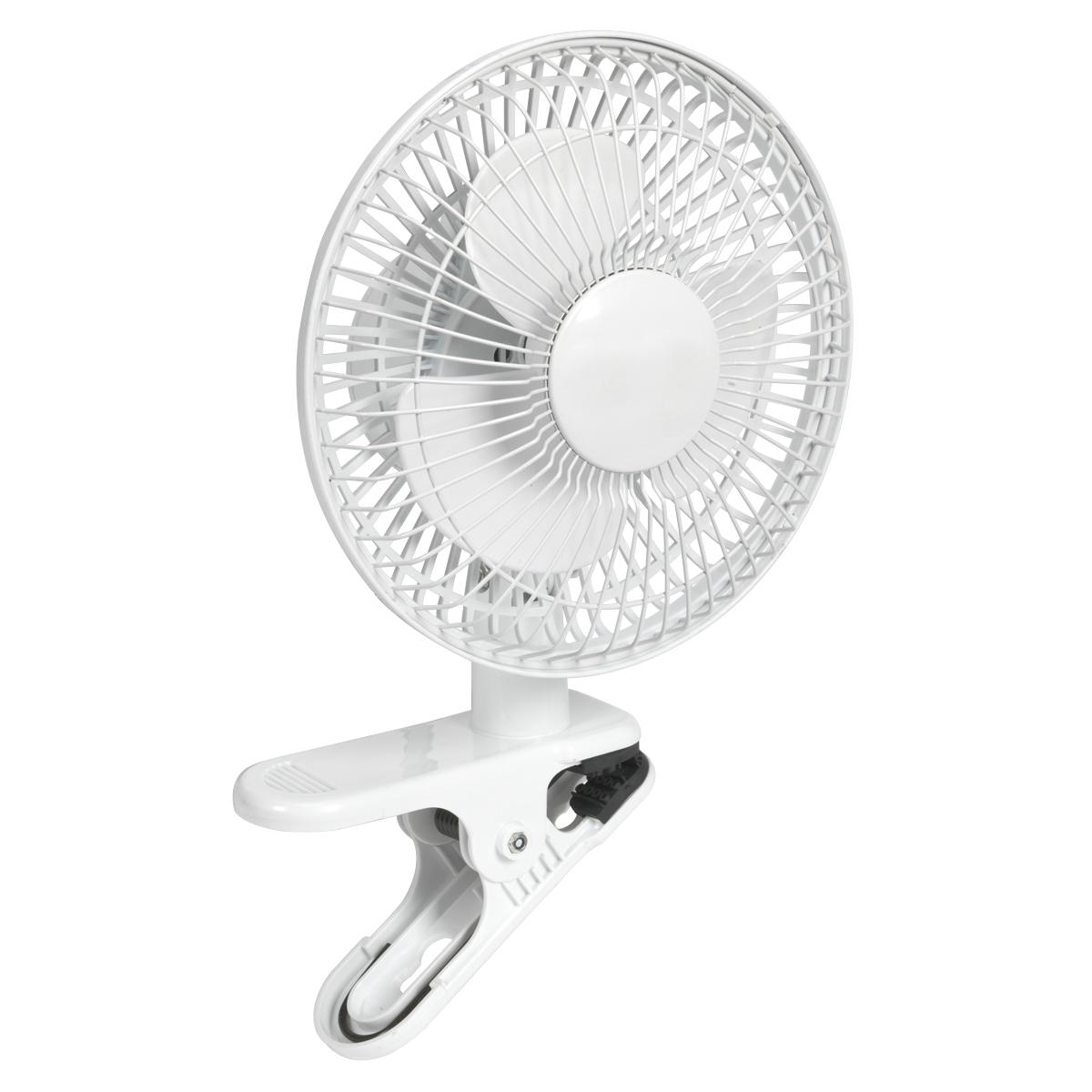 The Sealey Clip-On Fan 2-Speed 8" 230V - SCF8W is a compact, white clip-on fan featuring a round protective grill and a two-blade design. It also boasts a tilt and swivel head for optimal airflow and is affixed to a secure, spring-loaded clip base.