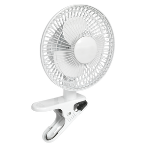 The Sealey Clip-On Fan 2-Speed 8" 230V - SCF8W is a compact, white clip-on fan featuring a round protective grill and a two-blade design. It also boasts a tilt and swivel head for optimal airflow and is affixed to a secure, spring-loaded clip base.