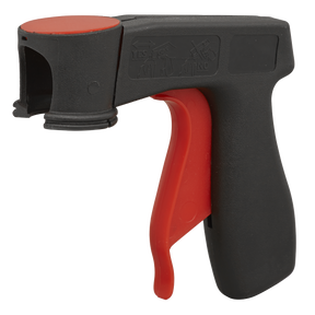 The Sealey Spray Can Trigger Handle - SCG01, featuring a black body and a red trigger, is designed to attach to aerosol spray cans for easier application and enhanced spray control.