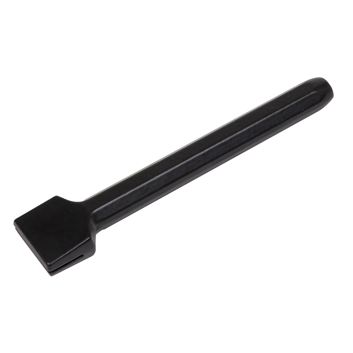 A Sealey Scutch Holder 38 x 200mm (SCH2) with a flat rectangular end and a black drop-forged steel handle is displayed against a white background, showcasing its corrosion resistance that suggests it meets BS 3066 standards.