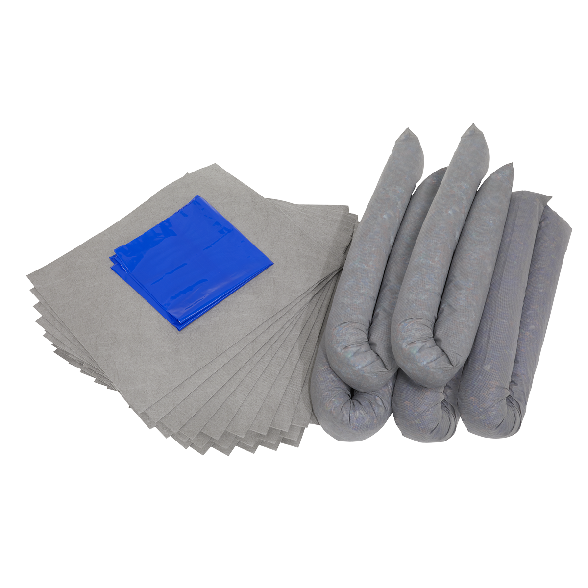 The Sealey Spill Control Kit 50L - SCK50 includes a set of gray absorbent pads, four gray absorbent socks, and a folded blue plastic sheet specifically designed for spill containment, all arranged on a white background.