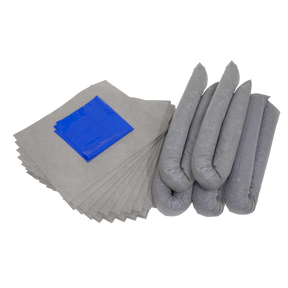 The Sealey Spill Control Kit 50L - SCK50 includes a set of gray absorbent pads, four gray absorbent socks, and a folded blue plastic sheet specifically designed for spill containment, all arranged on a white background.