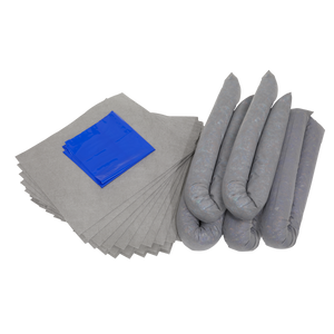 The Sealey Spill Control Kit 50L - SCK50 includes a set of gray absorbent pads, four gray absorbent socks, and a folded blue plastic sheet specifically designed for spill containment, all arranged on a white background.