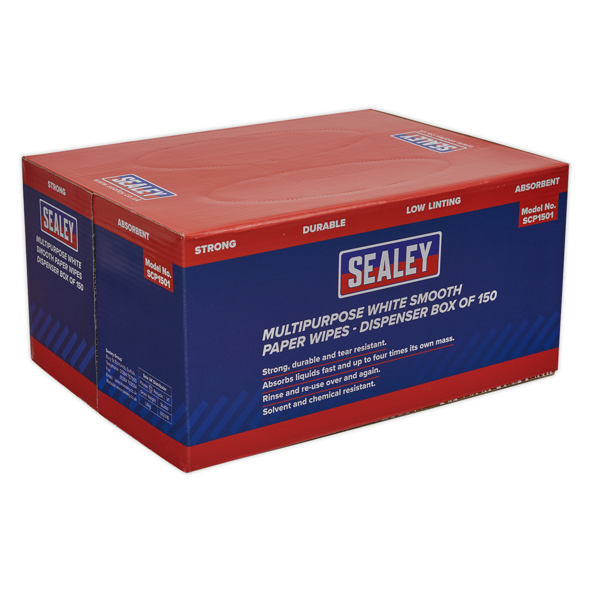 A red and blue dispenser box labeled "Sealey" contains the "Multipurpose Paper Wipes in Dispenser Box - Smooth White 73gsm 150 Sheets - SCP1501." The box highlights features such as durability, tear resistance, absorbency, and suitability for various clean-ups.