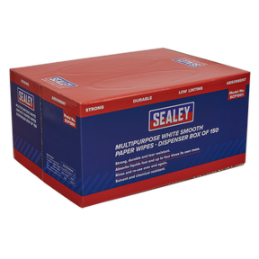 A red and blue dispenser box labeled "Sealey" contains the "Multipurpose Paper Wipes in Dispenser Box - Smooth White 73gsm 150 Sheets - SCP1501." The box highlights features such as durability, tear resistance, absorbency, and suitability for various clean-ups.