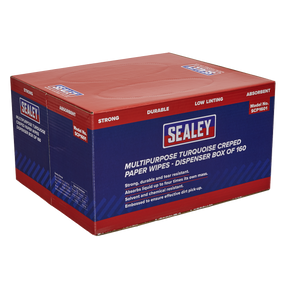 A red and blue Sealey box labeled "Multipurpose Paper Wipes in Dispenser Box - Creped Turquoise 69gsm 160 Sheets - SCP1601," featuring strong and durable wipes.