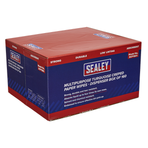 A red and blue Sealey box labeled "Multipurpose Paper Wipes in Dispenser Box - Creped Turquoise 69gsm 160 Sheets - SCP1601," featuring strong and durable wipes.