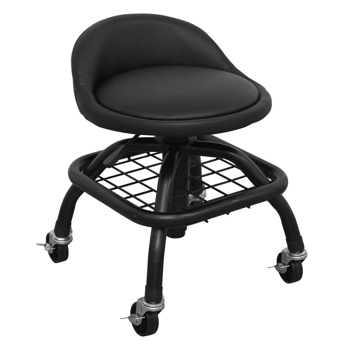 The Sealey Creeper Stool Pneumatic with Adjustable Height Swivel Seat & Back Rest (SCR02B) is a black, round stool featuring back support, a metal frame with four wheels, a mesh shelf underneath, and pneumatic seat height adjustment.