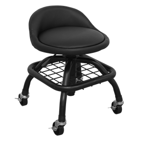 The Sealey Creeper Stool Pneumatic with Adjustable Height Swivel Seat & Back Rest (SCR02B) is a black, round stool featuring back support, a metal frame with four wheels, a mesh shelf underneath, and pneumatic seat height adjustment.