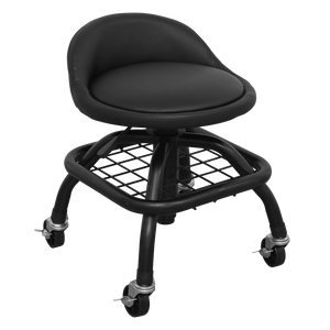 The Sealey Creeper Stool Pneumatic with Adjustable Height Swivel Seat & Back Rest (SCR02B) is a black, round stool featuring back support, a metal frame with four wheels, a mesh shelf underneath, and pneumatic seat height adjustment.