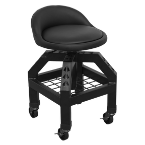 The Sealey Creeper Stool Pneumatic with Adjustable Height Swivel Seat & Back Rest - SCR03B is a black, adjustable stool constructed from heavy-duty steel. It features a cushioned backrest, pneumatic seat height adjustment, and a 360° swivel seat, all supported by a metal base equipped with four caster wheels.