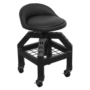 The Sealey Creeper Stool Pneumatic with Adjustable Height Swivel Seat & Back Rest - SCR03B is a black, adjustable stool constructed from heavy-duty steel. It features a cushioned backrest, pneumatic seat height adjustment, and a 360° swivel seat, all supported by a metal base equipped with four caster wheels.