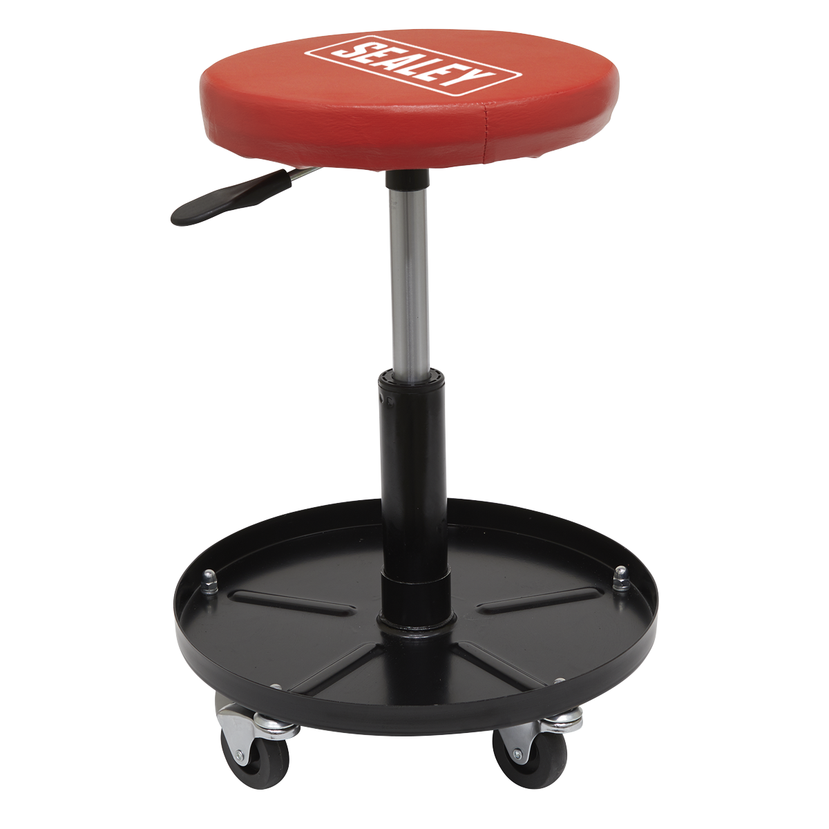 Introducing the Pneumatic Mechanic's Seat - SCR10 from Sealey, a red and black adjustable rolling stool featuring Sealey branding on the seat. This versatile workshop essential offers a swivel action seat, pneumatic height adjustment, and a round base with four wheels for easy mobility.