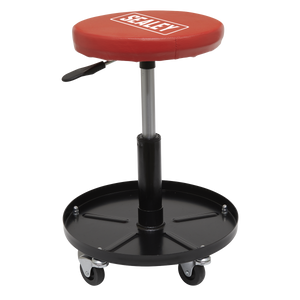 Introducing the Pneumatic Mechanic's Seat - SCR10 from Sealey, a red and black adjustable rolling stool featuring Sealey branding on the seat. This versatile workshop essential offers a swivel action seat, pneumatic height adjustment, and a round base with four wheels for easy mobility.