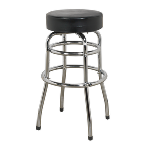 The Sealey Workshop Stool with Swivel Seat - SCR13 is a chrome barstool that features a round black padded seat, four legs with circular footrests, and heavy-duty steel construction.