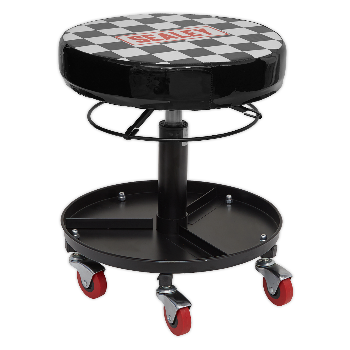 The Sealey Pneumatic Mechanic's Seat - SCR15 features a black adjustable design with a checkered swivel action seat, pneumatic height adjustment, a metal base complete with a tool storage tray, and four red caster wheels for easy mobility.