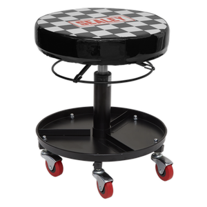 The Sealey Pneumatic Mechanic's Seat - SCR15 features a black adjustable design with a checkered swivel action seat, pneumatic height adjustment, a metal base complete with a tool storage tray, and four red caster wheels for easy mobility.