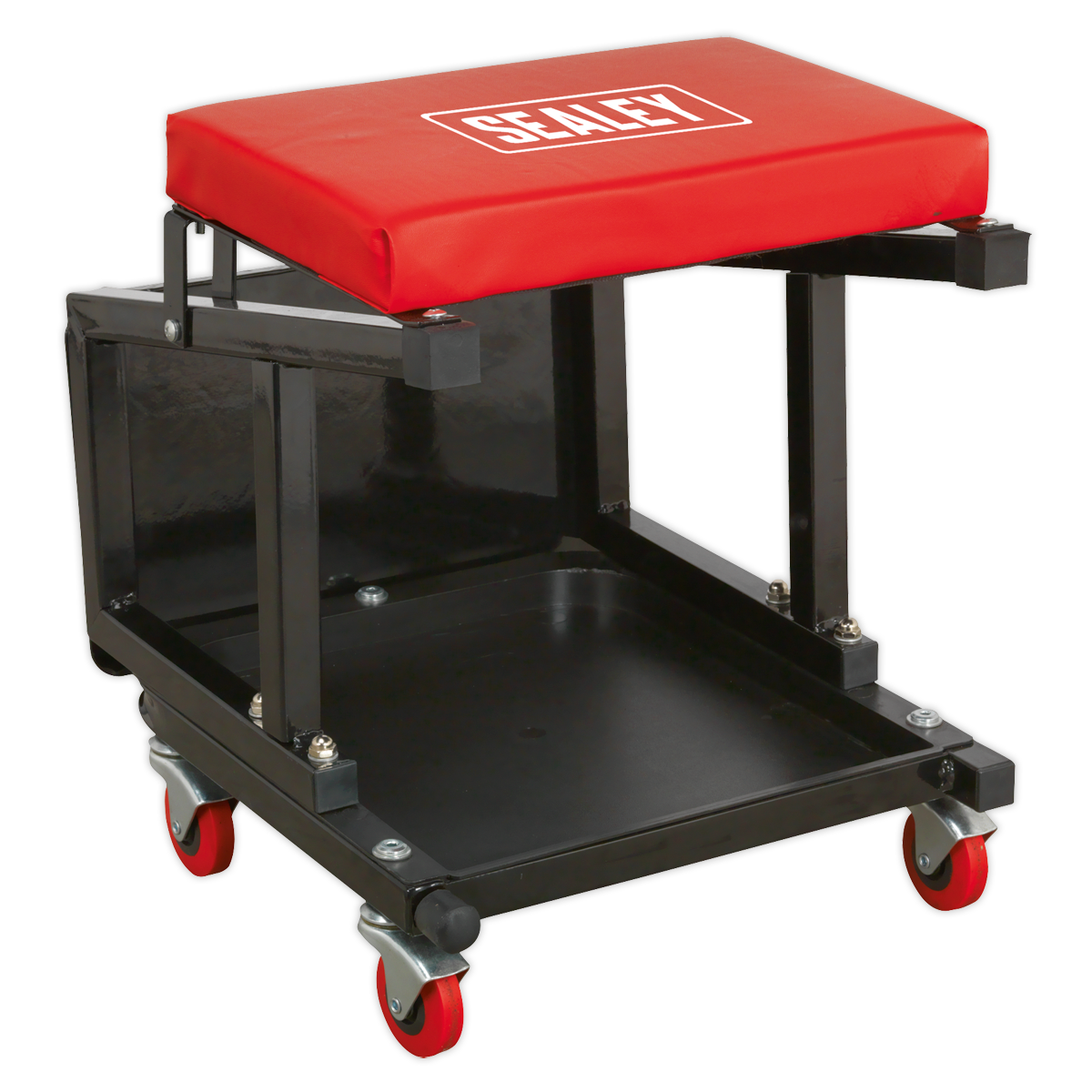 The Sealey Mechanic's Utility Seat & Step Stool - SCR16 is a versatile mobile mechanics creeper stool featuring a padded red seat, sturdy black frame, and four swivel castors. It also includes a handy compartment underneath for tools or storage.