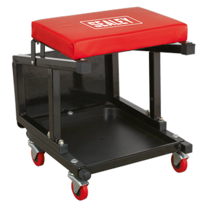 The Sealey Mechanic's Utility Seat & Step Stool - SCR16 is a versatile mobile mechanics creeper stool featuring a padded red seat, sturdy black frame, and four swivel castors. It also includes a handy compartment underneath for tools or storage.