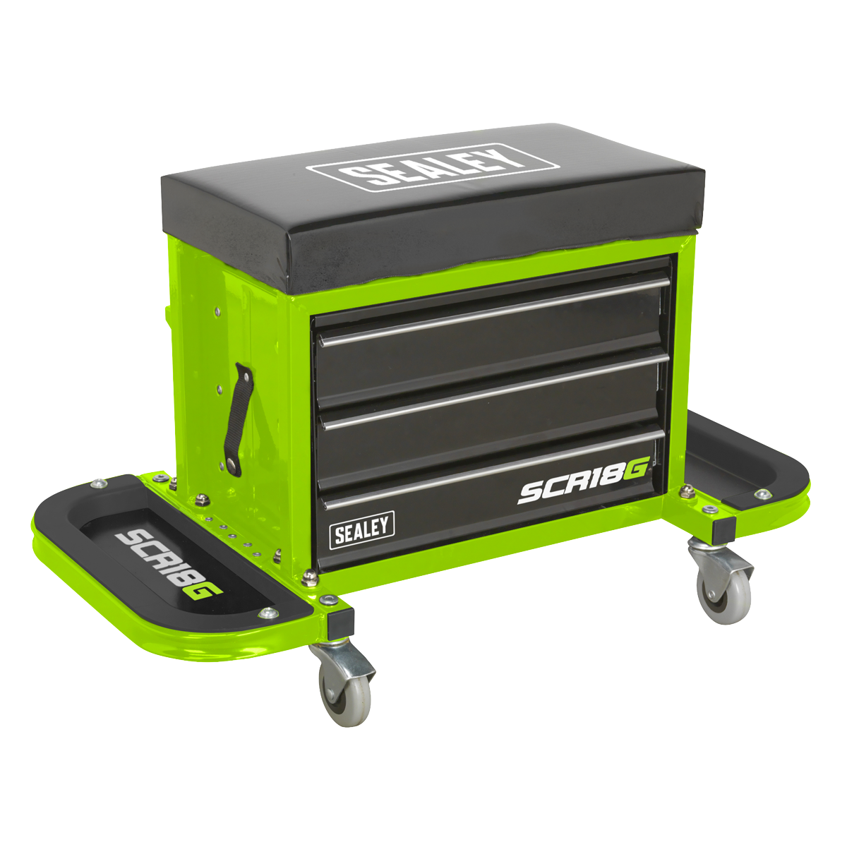 The Sealey Mechanic's Utility Seat & Toolbox, model SCR18G, features a hi-vis green and black design. It includes a padded seat with the "Sealey" logo visible, three drawers, and two foldable side trays on casters. This versatile mobile utility seat is ideal for any professional workshop.