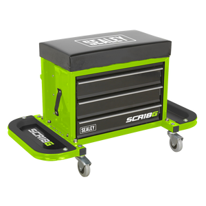 The Sealey Mechanic's Utility Seat & Toolbox, model SCR18G, features a hi-vis green and black design. It includes a padded seat with the "Sealey" logo visible, three drawers, and two foldable side trays on casters. This versatile mobile utility seat is ideal for any professional workshop.