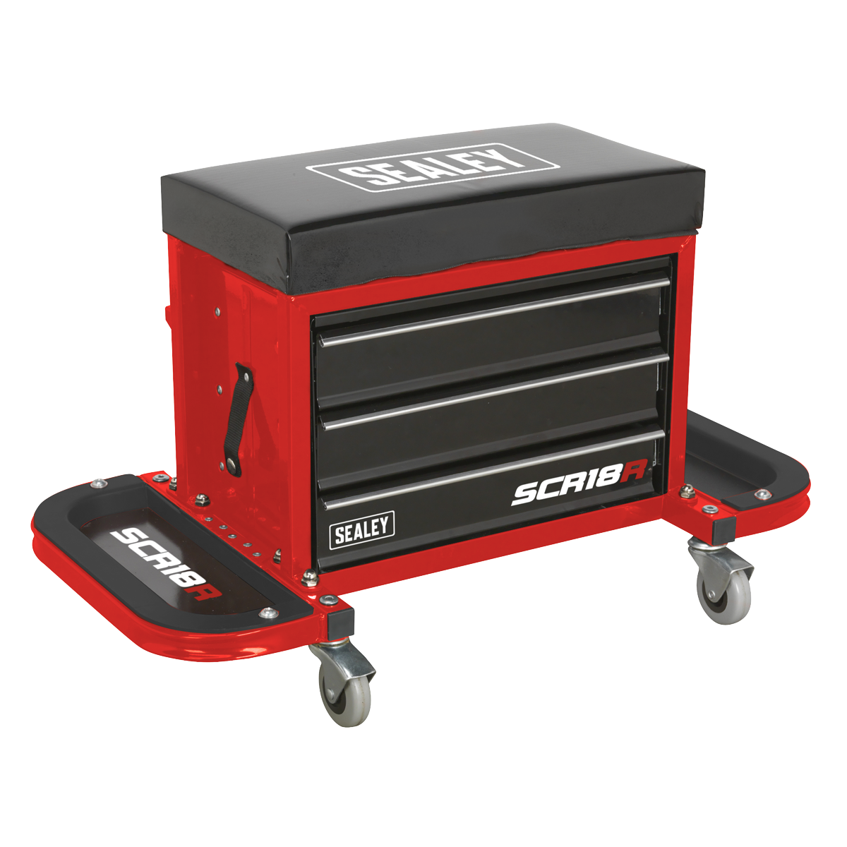 A red Sealey Mechanic's Utility Seat & Toolbox, model SCR18R, features three black drawers, a cushioned seat on top, and side trays. Mounted on four caster wheels, this mobile utility seat is the ultimate toolbox solution for any professional workshop.