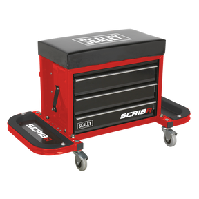 A red Sealey Mechanic's Utility Seat & Toolbox, model SCR18R, features three black drawers, a cushioned seat on top, and side trays. Mounted on four caster wheels, this mobile utility seat is the ultimate toolbox solution for any professional workshop.