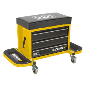 Introducing the Sealey Mechanic's Utility Seat & Toolbox - Yellow - SCR18Y. This professional workshop tool chest comes with a cushioned seat, three drawers, and side trays. It also features handles and caster wheels for effortless mobility, combining functionality and comfort in one yellow and black unit.