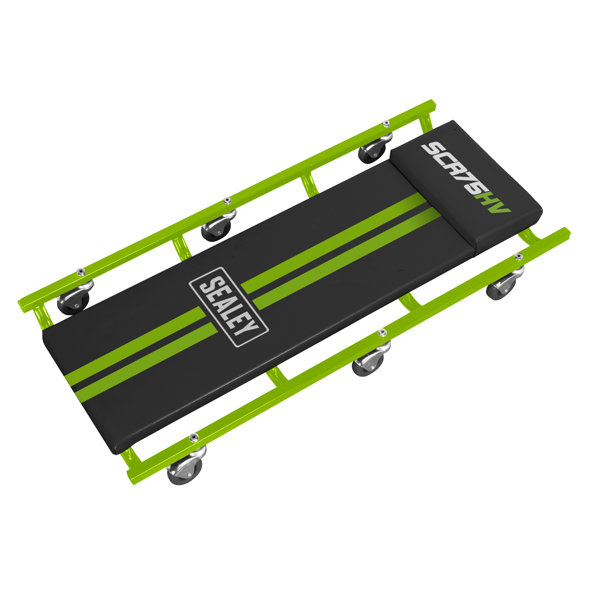 A 36" Deluxe American-Style Sealey mechanic's creeper, model SCR75HV, featuring a steel frame, six wheels, and a hi-vis green padded vinyl-covered back cushion for head support.