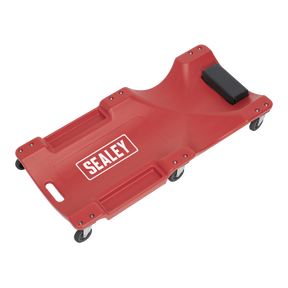 The Sealey Composite Creeper with 6 Wheels - SCR80 boasts a low-profile design, six swivel caster wheels, and a padded headrest cushion for added comfort.