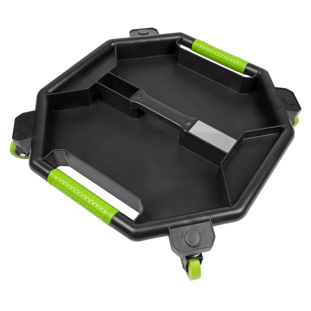 The Sealey Creeper Tool Tray - Hi-Vis (SCR86HV) is a black plastic mechanics creeper tool tray equipped with green handles and swivel caster wheels. It features several compartments for optimal organization of your tools.