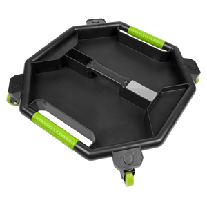 The Sealey Creeper Tool Tray - Hi-Vis (SCR86HV) is a black plastic mechanics creeper tool tray equipped with green handles and swivel caster wheels. It features several compartments for optimal organization of your tools.