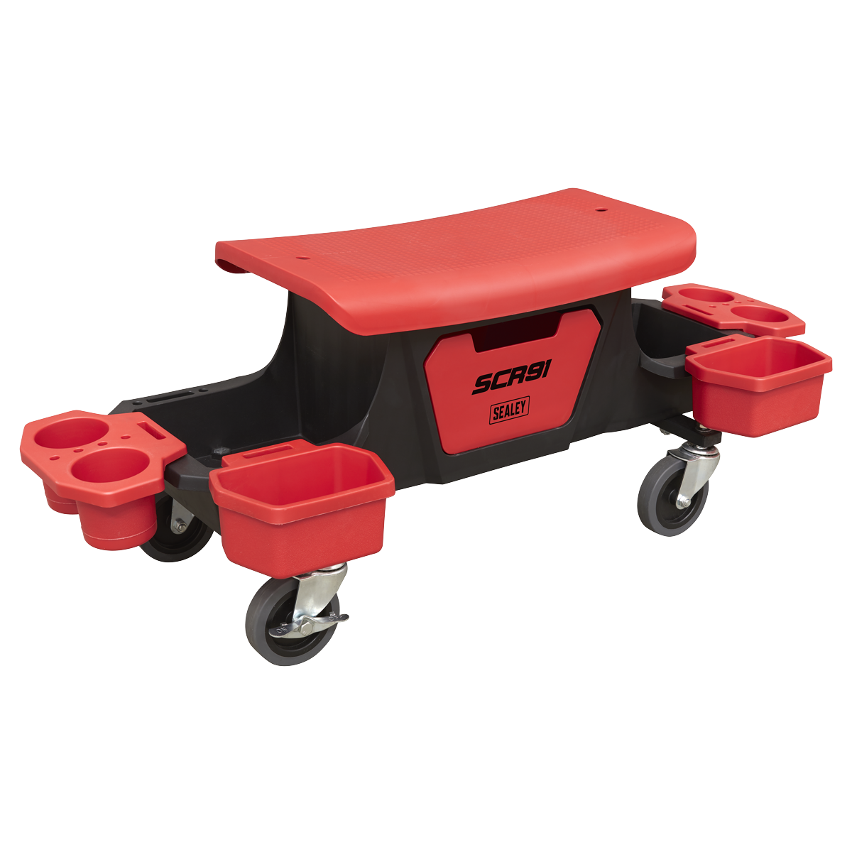 The Sealey Mechanic's Detailing Utility Seat - SCR91 is a black and red creeper seat equipped with three cup holders, two trays on wheels, and an under-seat drawer. Its composite framework provides durability, while the rubber castors ensure smooth mobility.