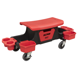 The Sealey Mechanic's Detailing Utility Seat - SCR91 is a black and red creeper seat equipped with three cup holders, two trays on wheels, and an under-seat drawer. Its composite framework provides durability, while the rubber castors ensure smooth mobility.