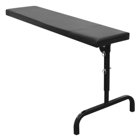 Introducing the Under Dash Creeper Board - SCRBB by Sealey, featuring a black adjustable armrest with a padded surface, supported by a heavy-duty steel frame and metal stand. Perfect for providing adjustable technician support.