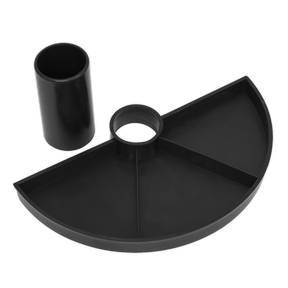 The Sealey Mechanic's Seat Tool Tray - SCRTT is a black, semi-circular plastic attachment with a cylindrical connector, typically used for a specific device or tool. This durable storage tray is designed to keep your essentials organized and within reach.