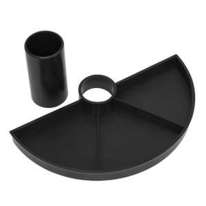 The Sealey Mechanic's Seat Tool Tray - SCRTT is a black, semi-circular plastic attachment with a cylindrical connector, typically used for a specific device or tool. This durable storage tray is designed to keep your essentials organized and within reach.